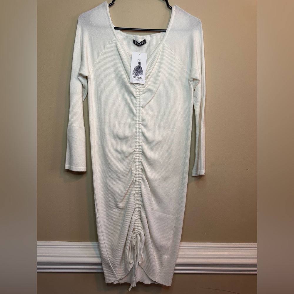 White Quarter Bell Sleeve Ruched Dress